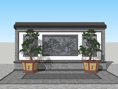 中式古建景墙 中式景墙 浮雕墙 罗汉松 造型盆景 造型景墙