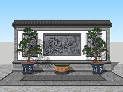 中式景墙 中式浮雕墙 景墙 罗汉松盆景 景观小品 中式景墙