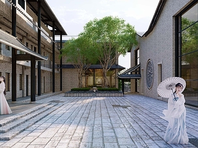 新中式景观乡村庭院 古建景观 荷花池 古建水池 古建叠水 树池景观