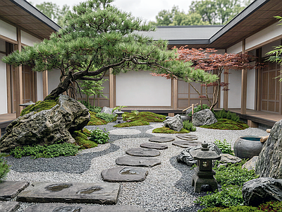 日式别墅庭院 枯山水庭院 日式庭院 禅意庭院 罗汉松