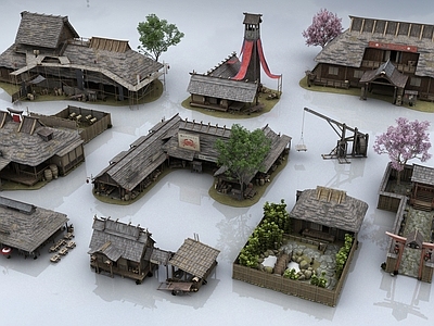 日式古建 日式木屋日式小院 棚屋古建筑 古代建筑木房子 院落广场 木质水吊大树桃树
