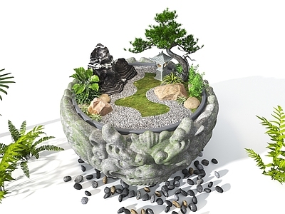 禅意绿植摆件 新中式花钵摆件 古风造景花盆 庭院花坛造景 石臼花钵