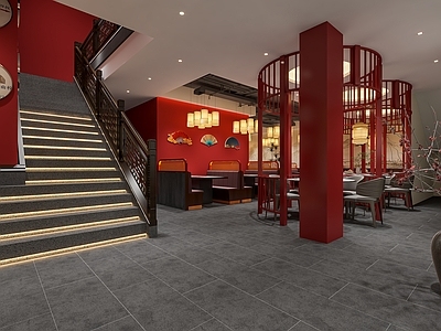 新中式中餐厅 新中式餐饮店 新中式餐厅 红色主题餐厅 中式餐厅 圆形隔断