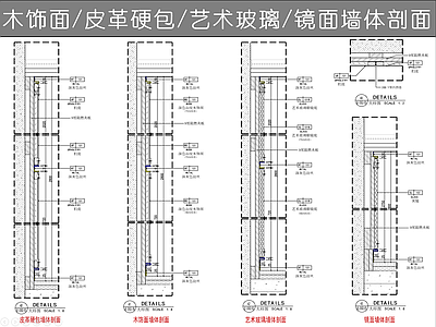 墙面节点 各类装饰墙体剖面 皮革硬包墙体剖面 木饰面墙体剖面 艺术玻璃墙体剖面 不锈钢收口详图
