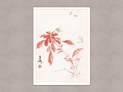 中式挂画 秋趣 王雪涛 草虫图 雁来红