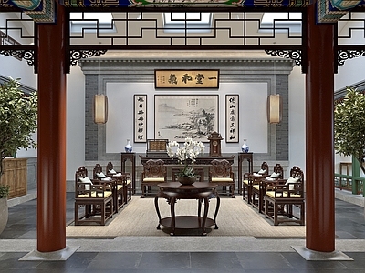 中式家居客厅 连廊 走廊 庭院