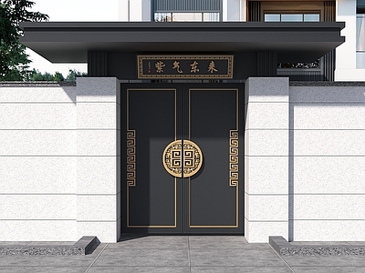 新中式双开门 新中式庭院大门 别墅庭院门 中式精雕大门 新中式门楼 精雕牌匾