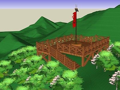 中式景观观景平台 防腐木观景平台 山体 栏杆