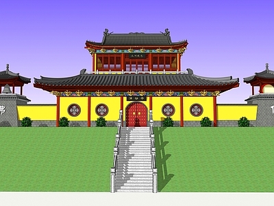中式古建寺庙建筑 寺庙山门钟鼓楼 古建门楼