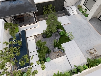 新中式景观别墅庭院 别墅庭院 天井景观 采光井 新中式庭院 现代庭院