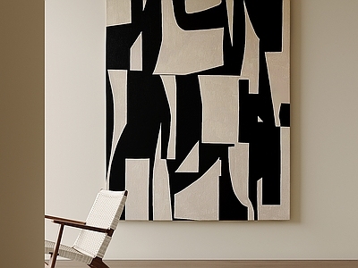 中古风挂画 黑白拼接抽象画 原木风竖版油画 极简肌理画 色块竖版画 落地黑白几何画
