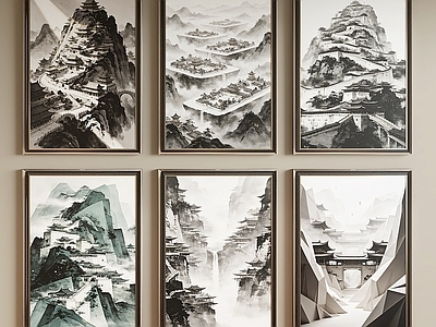 新中式挂画组合 新中式装饰画 新中式挂画组合 建筑挂画