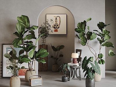 侘寂植物组合 绿植盆栽 台灯陈设摆件 音响 秋海棠 挂画椅子