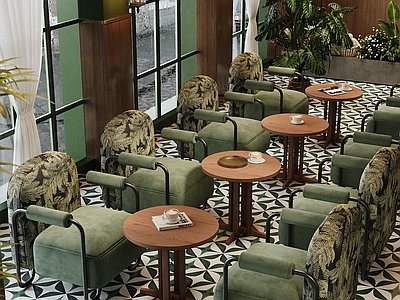 中古风咖啡厅 法式西餐厅 摆件 绿植 植物堆 咖啡卡座桌椅