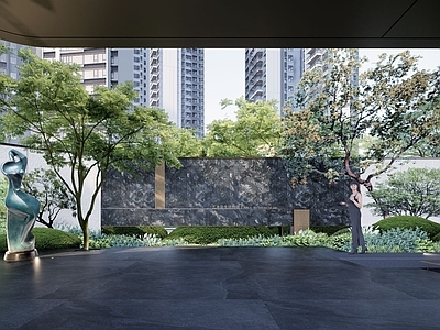 景墙 现代弧形入户景墙 干挂石材镂空景墙