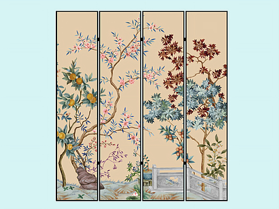 新中式四折屏风 工笔彩绘花鸟折屏 茶室屏风庭院花鸟 工笔花果四扇屏风 锦秀