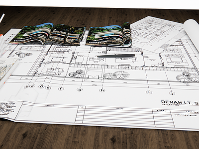 写实渲染文具 设计师工作桌面 建筑设计师用品 方案图纸画册摆件 竞赛展板封面 筑平图纸桌面配景