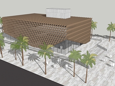 现代主义展览馆建筑 现代木格栅展馆 格栅幕墙文化馆 滨海现代公共建筑 穿孔折板幕墙建筑 现代艺术展览中心