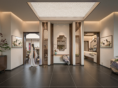 新中式民宿大堂 江南园林餐厅入口 苏州餐厅前台 餐馆迎宾接待 苏州隔断框景 园林餐厅玄关