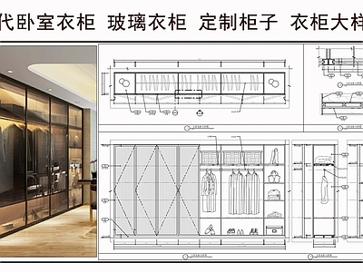 柜体节点 现代卧室衣柜 玻璃衣柜 定制柜子 衣柜大样图