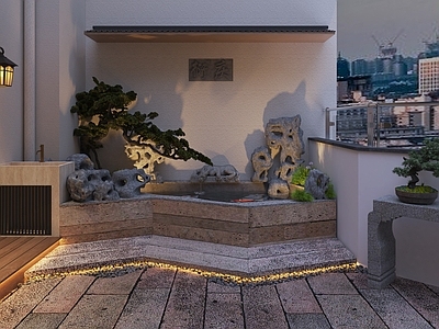 新中式屋顶花园 新中式露台 鱼池 太湖石 松树 新中式阳光房