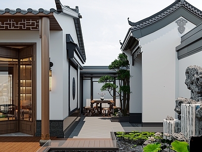 中式古建庭院 假山水景