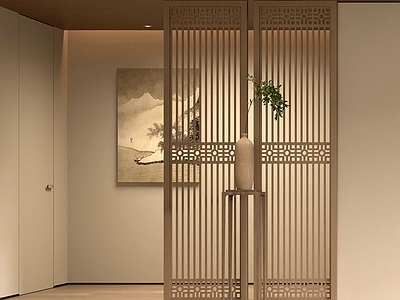新中式玄关 花格隔断挂画