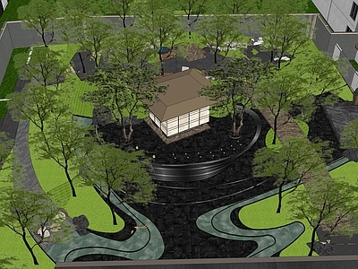 新中式景观小区景观 新中式中心水院 高差跌水茶亭 廊架会客厅 林下景观对景景墙
