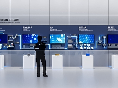 现代简约科技展厅 新能源展厅展项 新能源电池工艺 新能源展厅互动 电池制造工艺流程 新能源文化墙