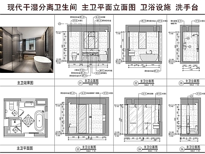 卫生间 干湿分离卫生间 主卫平面立面图 卫浴设施 洗手台 卫生间布局图