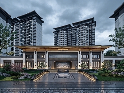 示范区景观 中式示范区前场 中式拱桥入口台阶
