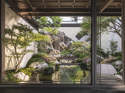 假山水景图库 假山跌水下沉庭院 中式山石下沉庭院