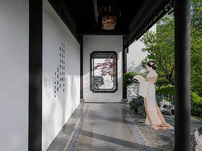 廊架 中式仿古廊架连廊 中式古典风雨连廊 中式挂落美人靠 中式格栅屏风廊架