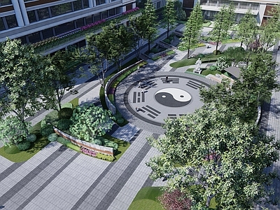 新中式景观医疗康养景观 医院景观 八卦景观装置 疗愈景观 中医雕塑 中庭景观