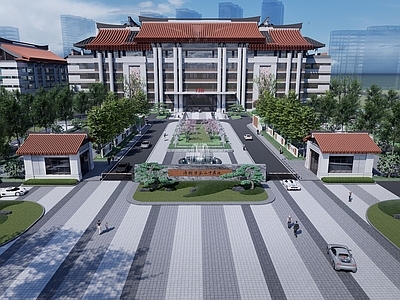 新中式景观医院建筑 闽南风格医院建筑 医院入口景观 岗亭 中医雕塑 中医院景墙