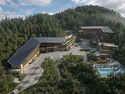新中式景观酒店建筑 现代民宿 山地建筑 度假酒店