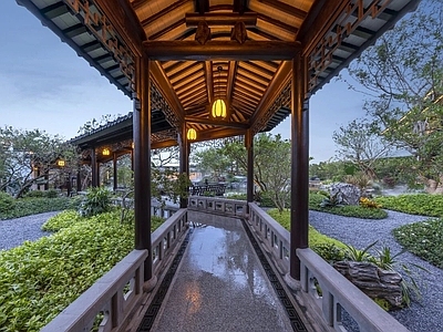 仿古建筑 中式仿古廊架水榭 木构廊架连廊景亭