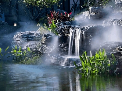假山水景图库 中式假山跌水水景 景石流水水景