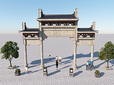中式古建古建筑 三间四柱式石牌坊 新中式石牌坊 中式门户标识 历史街区入口标识 古镇风貌门户节点