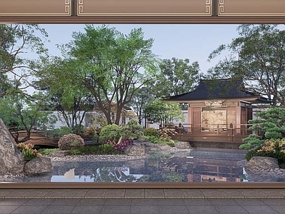 庭院 新中式唐风庭院 新中式水景庭院 中式拱桥景观亭 新中式跌水水景 中式水景驳岸