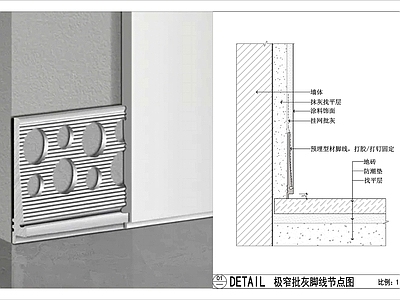 踢脚节点 极窄脚线节点图 无脚线预埋型材 墙根免开槽脚线 海棠角脚线 铝无缝极窄脚线