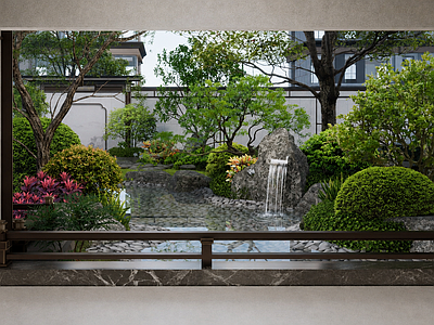 庭院 新中式水景庭院 中式水景驳岸 新中式景观拱桥 新中式景石流水