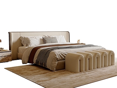 奶油风双人床 轻奢双人床 轻奢床头柜 床尾凳