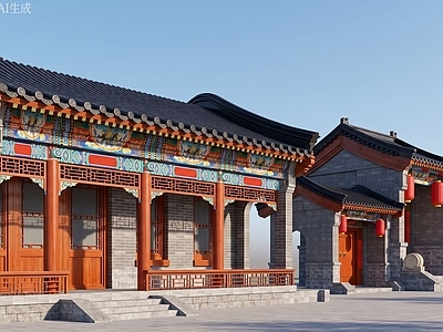 中式古建四合院 四合院入口 中式门头 中式围墙 中式檐口彩绘