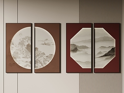 新中式挂画组合 禅意山水框画 双联国风挂画 书房竖版框画