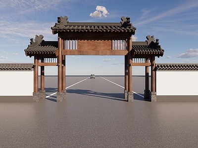 中式古建入口大门 村口门楼 古建门楼 大门 木结构大门