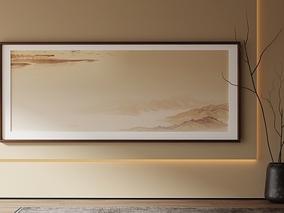 新中式山水画 侘寂国风挂画 茶室横幅山水挂画 禅意长卷装饰画 简约中式国画