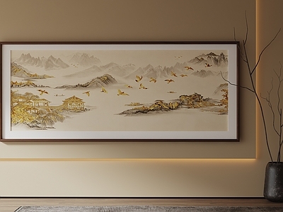 新中式山水画 轻奢国风山水画 中式山水长卷 客厅横版国画 茶室轻奢挂画