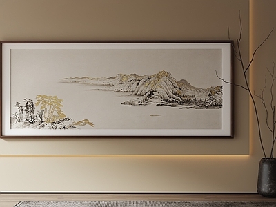 新中式山水画 中式烫金山水画 茶室国风长条画 客厅山水长卷 金松山水挂画 横版国画山水