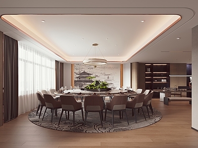 新中式包厢 新中式餐厅包厢 圆形餐桌椅组合 吊灯 茶桌椅组合 餐具